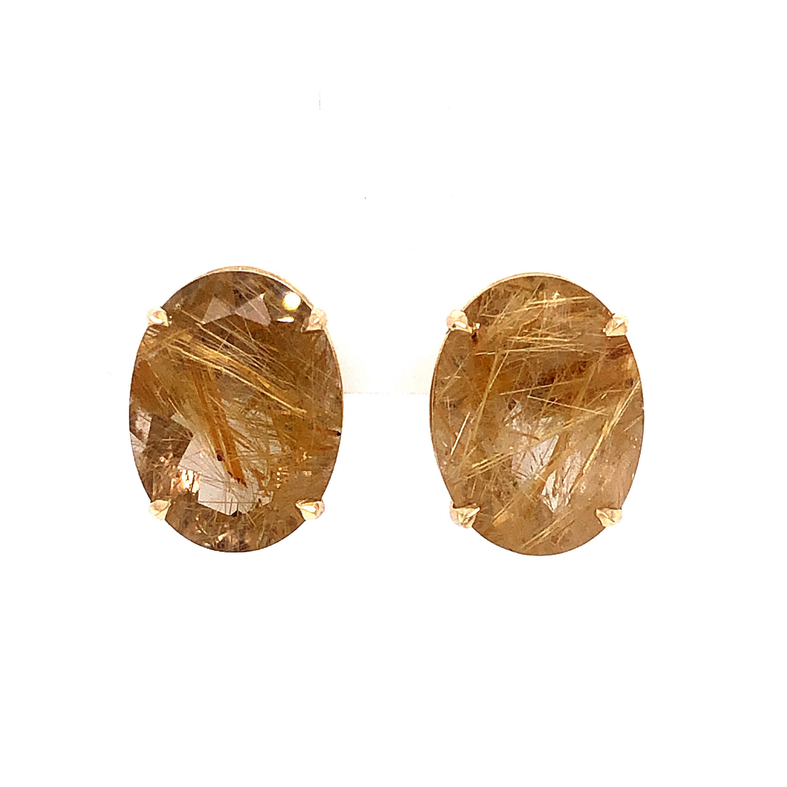 Oval Cut Rutilated Quartz Stud Earrings in 14k Yellow Gold