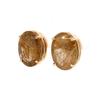 Oval Cut Rutilated Quartz Stud Earrings in 14k Yellow Gold
