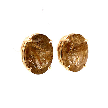 Oval Cut Rutilated Quartz Stud Earrings in 14k Yellow Gold