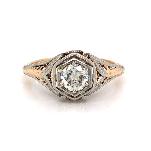 Retro Two-Tone Filigree Diamond Engagement Ring 14k