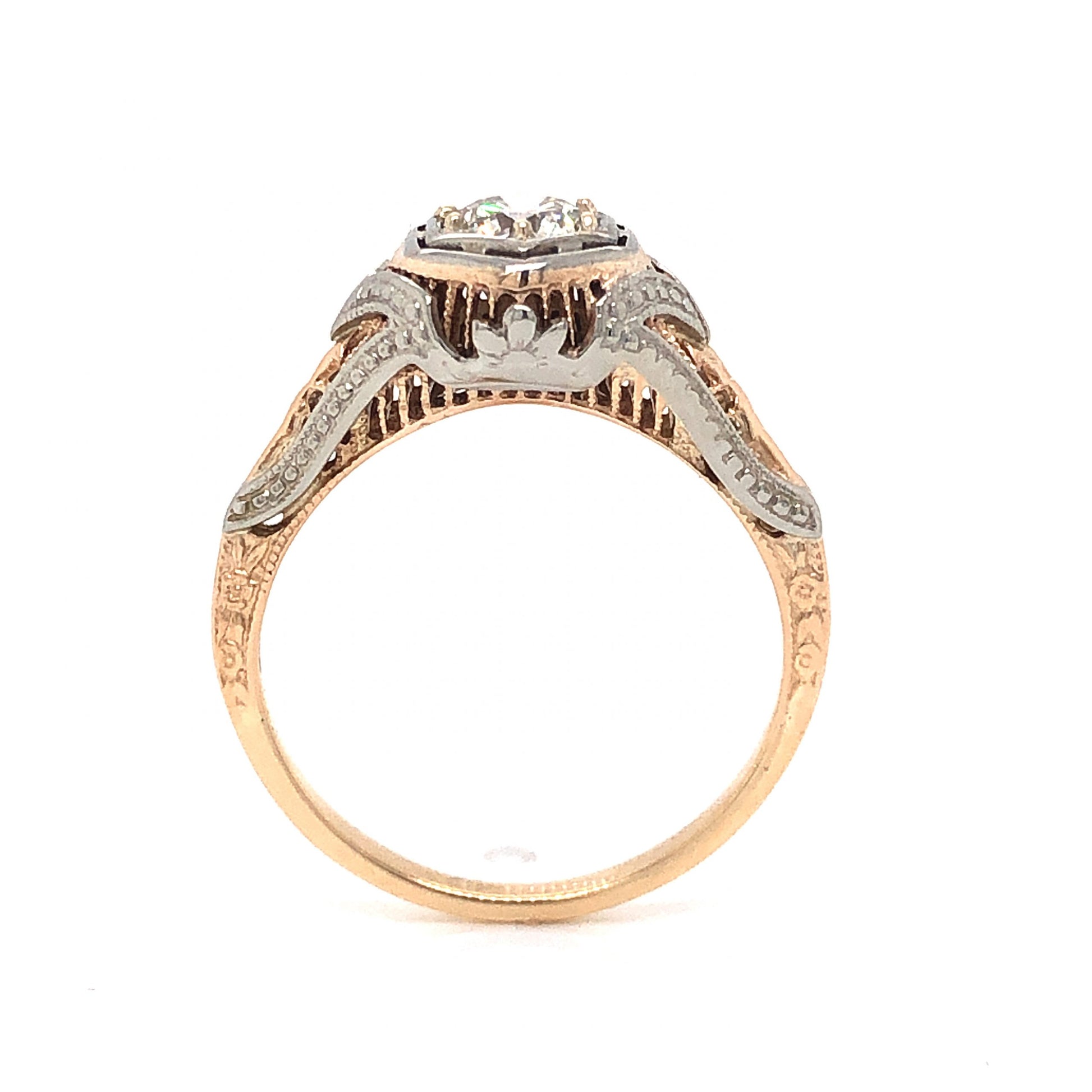 Retro Two-Tone Filigree Diamond Engagement Ring 14k