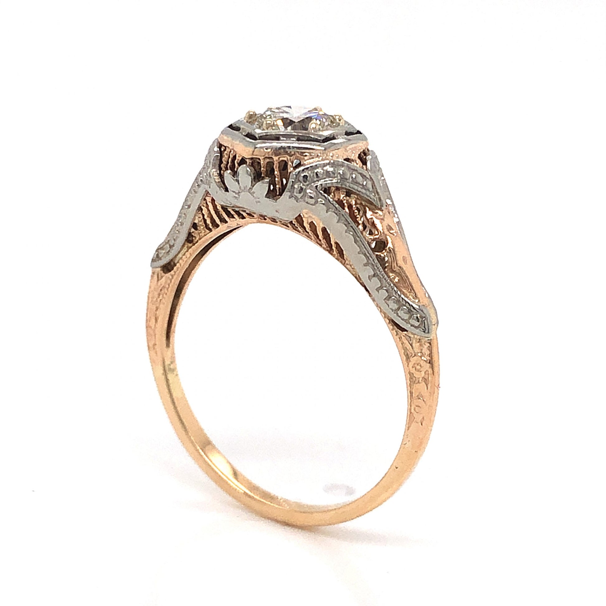 Retro Two-Tone Filigree Diamond Engagement Ring 14k