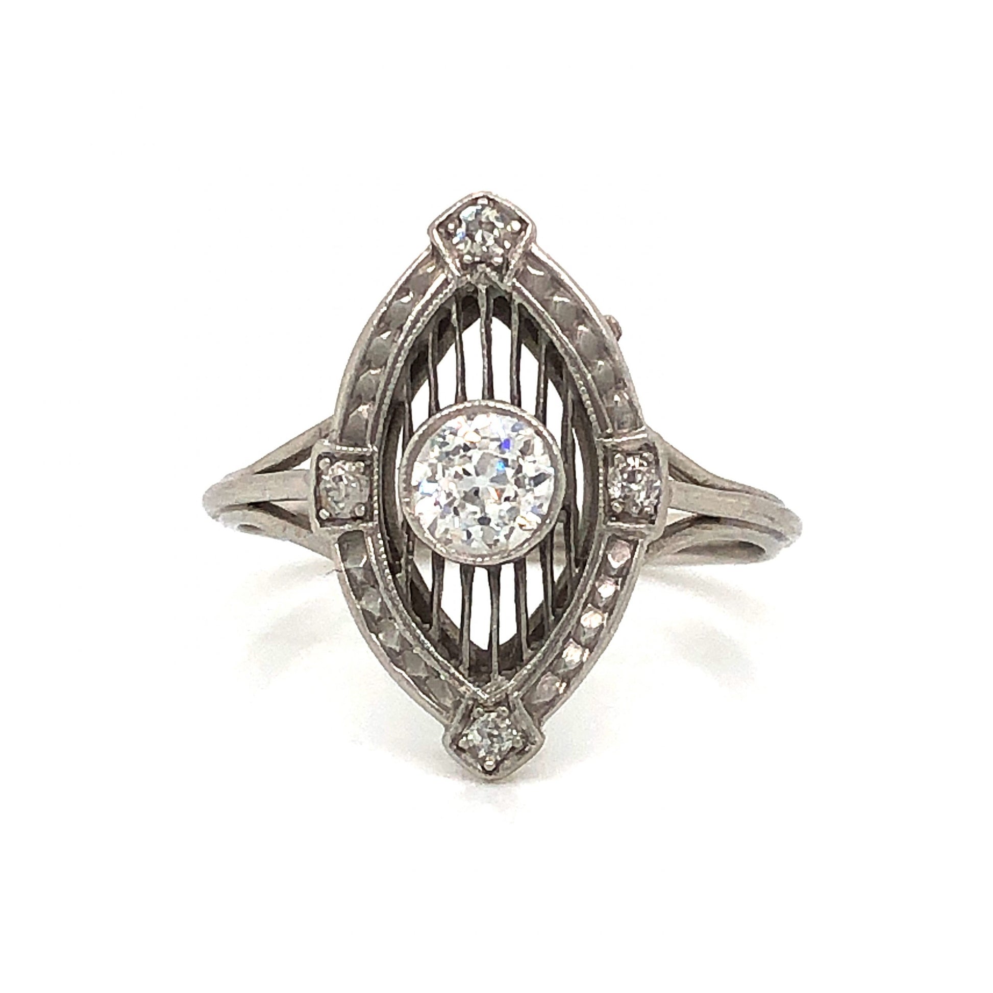 Marquise Shaped Art Deco Diamond Cocktail Ring in PlatinumComposition: PlatinumRing Size: 4.75Total Diamond Weight: .32 ctTotal Gram Weight: 2.7 g