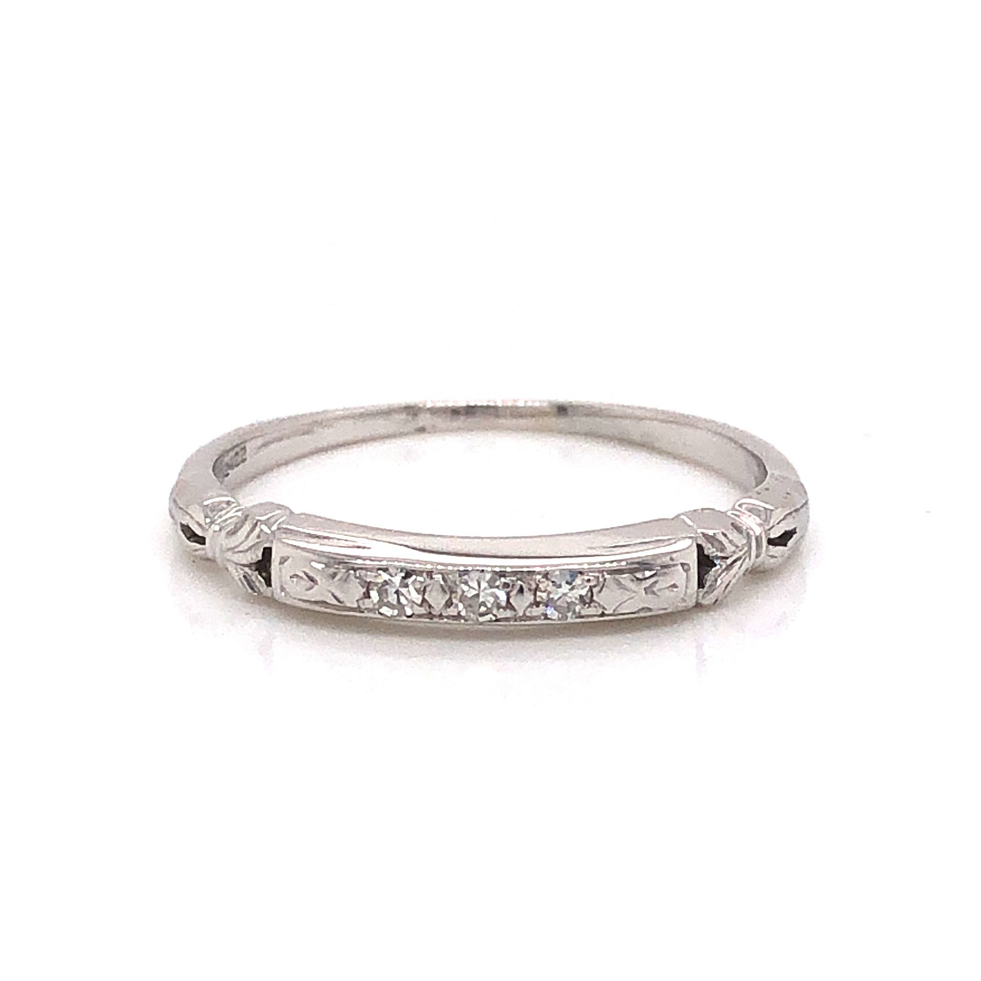 Granat Bros Art Deco Diamond Wedding Band in 18k White GoldComposition: 18 Karat White Gold Ring Size: 5.75 Total Diamond Weight: .045ct Total Gram Weight: 1.6 g Inscription: GB18K PAT 1792422
      