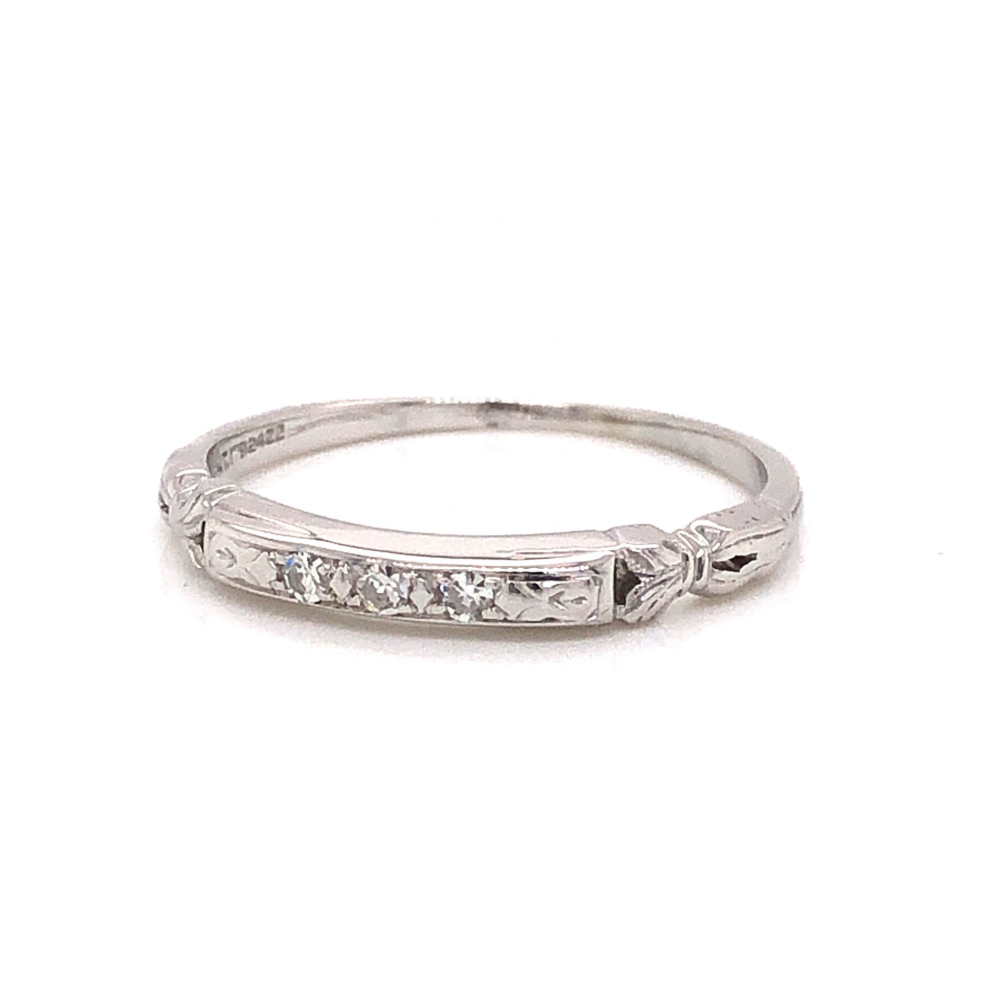 Granat Bros Art Deco Diamond Wedding Band in 18k White GoldComposition: 18 Karat White Gold Ring Size: 5.75 Total Diamond Weight: .045ct Total Gram Weight: 1.6 g Inscription: GB18K PAT 1792422
      