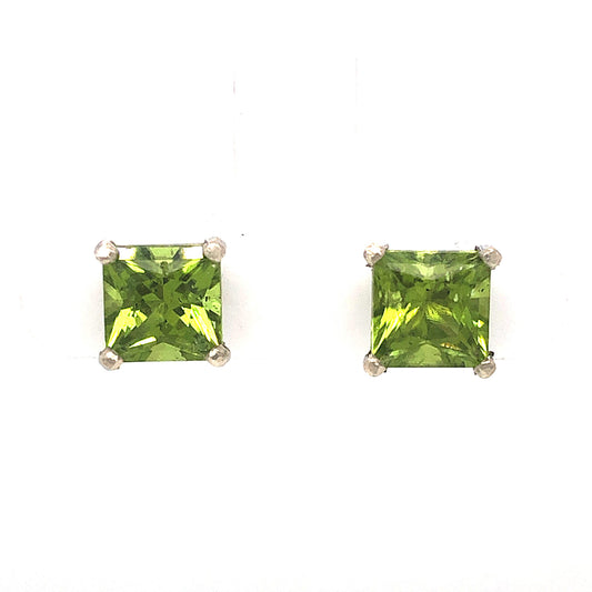 Princess Cut Peridot Stud Earrings in 14k White Gold