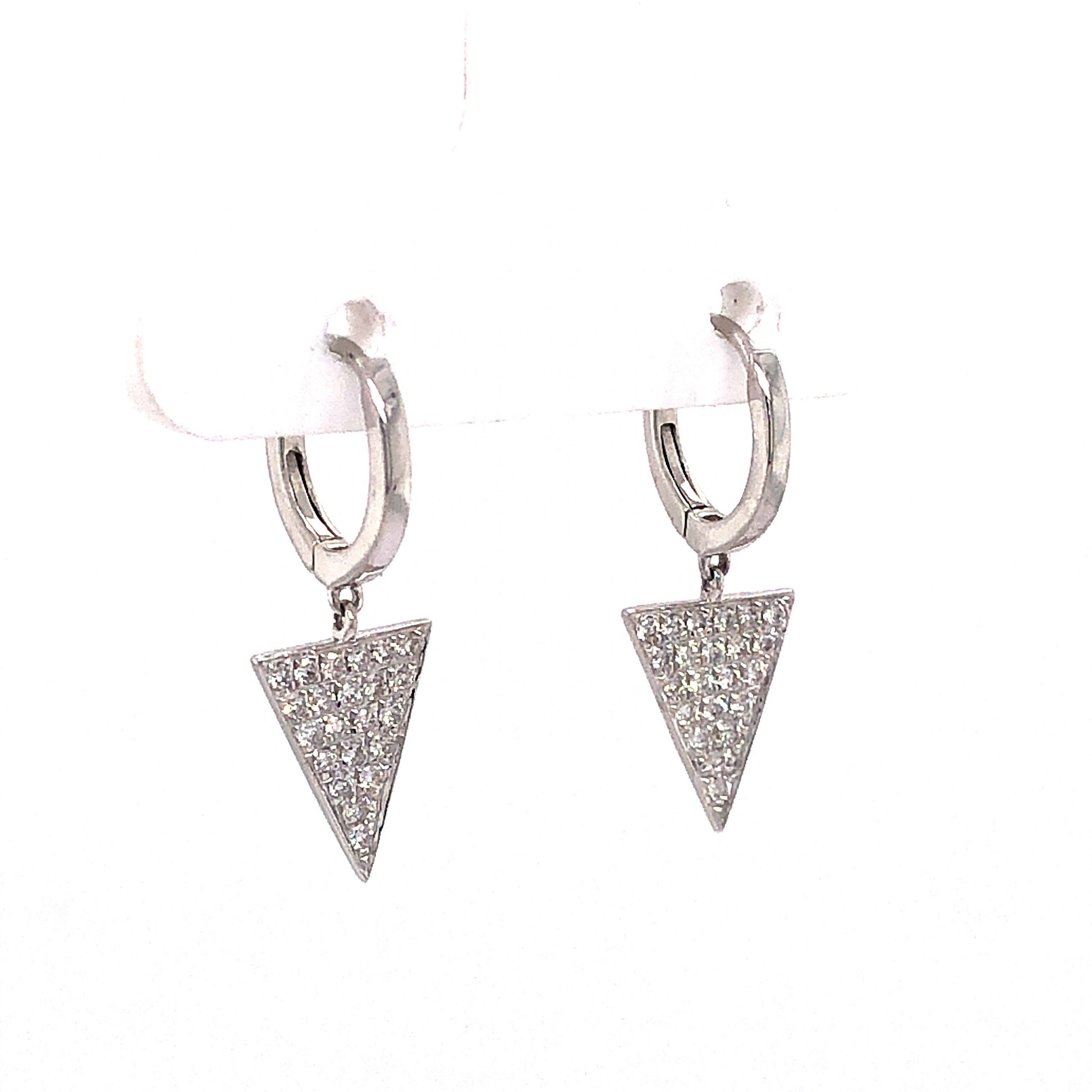 Pave Diamond Triangle Drop Earrings in 14k White GoldComposition: 14 Karat White GoldTotal Diamond Weight: .22 ctTotal Gram Weight: 1.5 gInscription: 14k