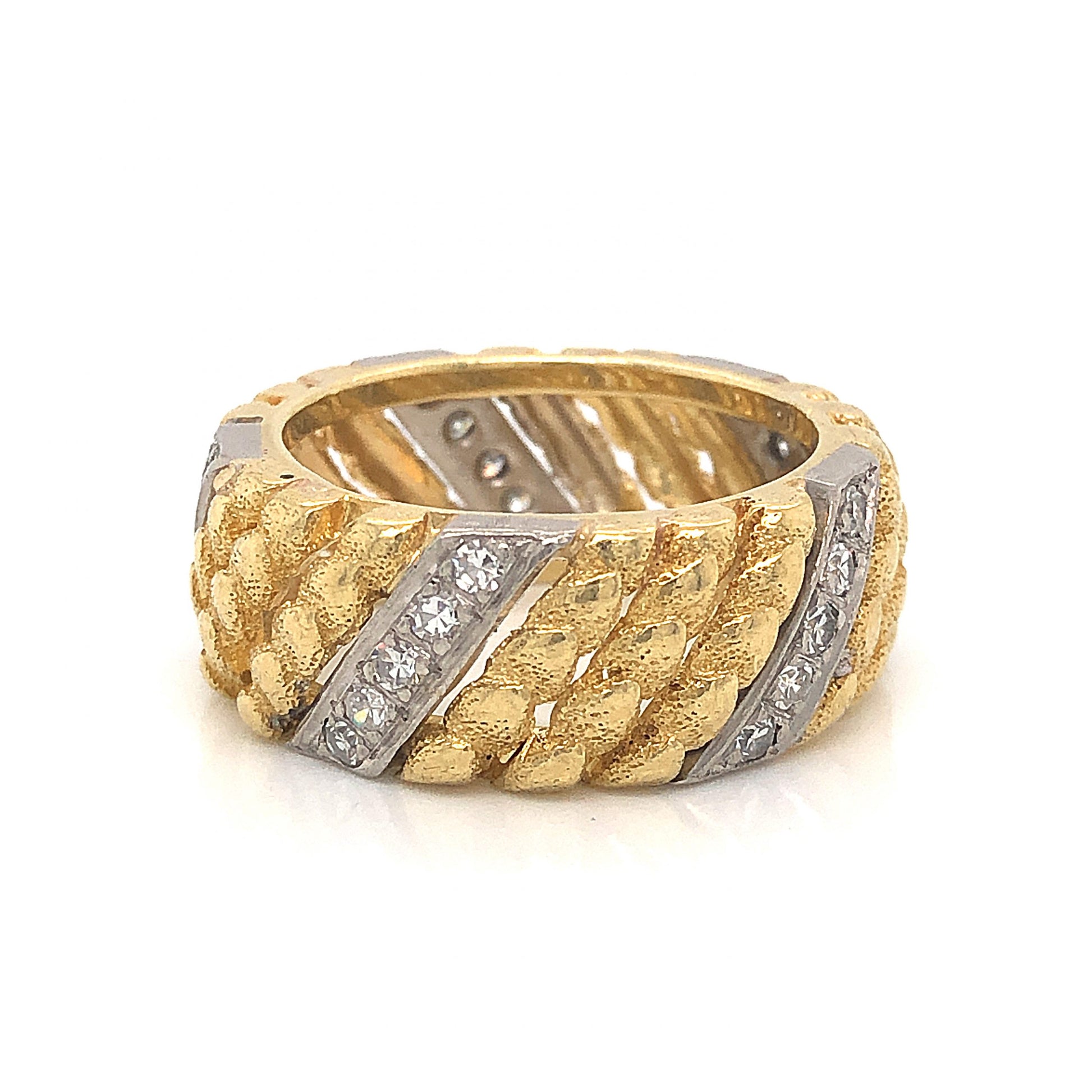 Textured Diamond Cocktail Ring 18k Yellow & White GoldComposition: 18 Karat White Gold/18 Karat Yellow Gold Ring Size: 7.5 Total Diamond Weight: .75ct Total Gram Weight: 10.8 g Inscription: 18k 
      
