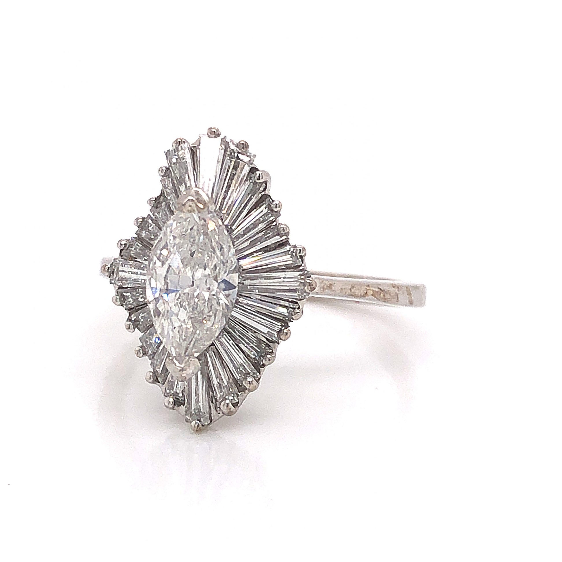 Marquise Diamond Ballerina Halo Engagement Ring in 18k White GoldComposition: 18 Karat White Gold Ring Size: 6.25 Total Diamond Weight: 1.92ct Total Gram Weight: 3.7 g Inscription: 18k
      