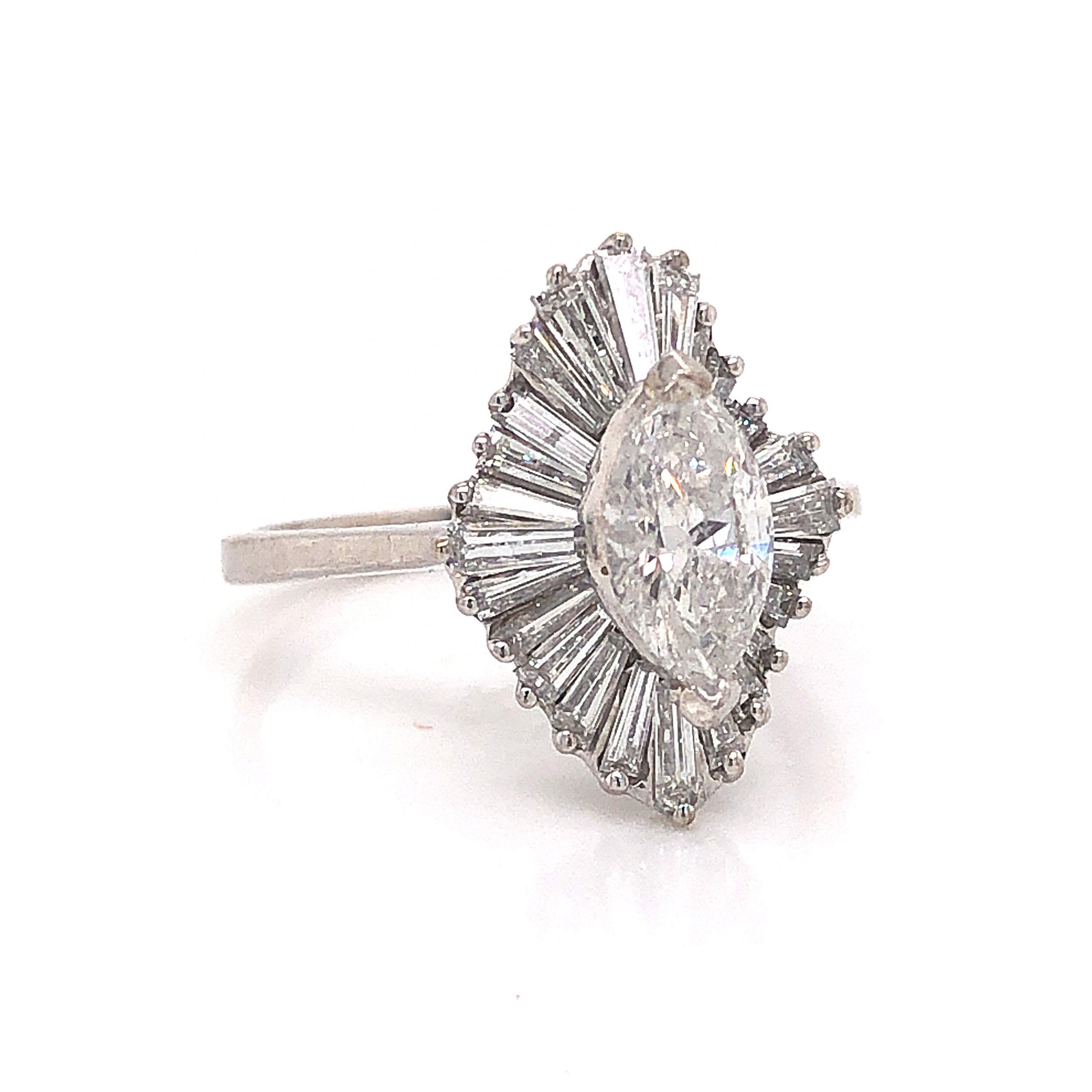 Marquise Diamond Ballerina Halo Engagement Ring in 18k White GoldComposition: 18 Karat White Gold Ring Size: 6.25 Total Diamond Weight: 1.92ct Total Gram Weight: 3.7 g Inscription: 18k
      