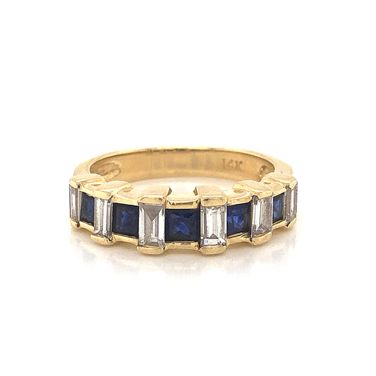 Sapphire & Baguette Diamond Wedding Band in 14k Yellow Gold