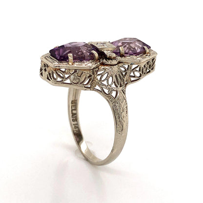 Antique Belais Bros Amethyst Cocktail Ring in 14k White Gold