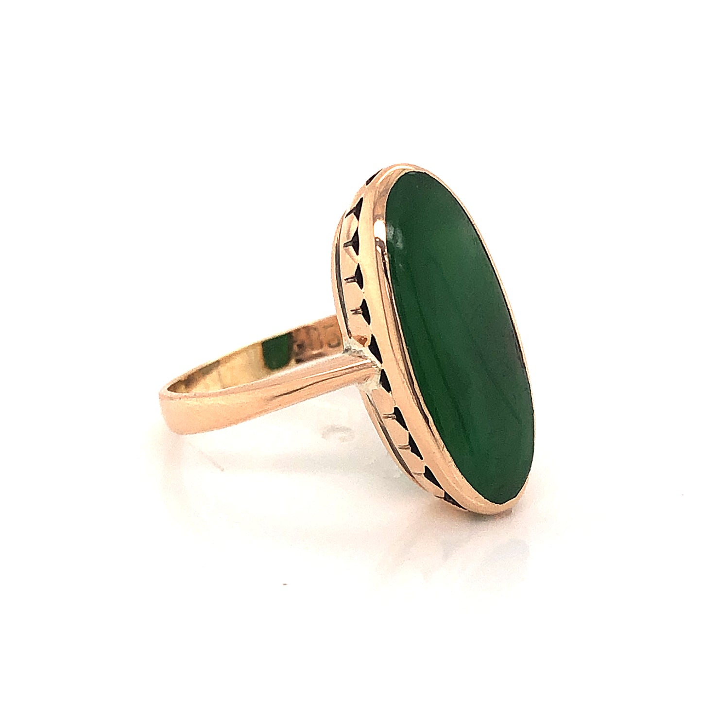 Mid-Century Elongated Oval Jade Ring in 14k Yellow Gold