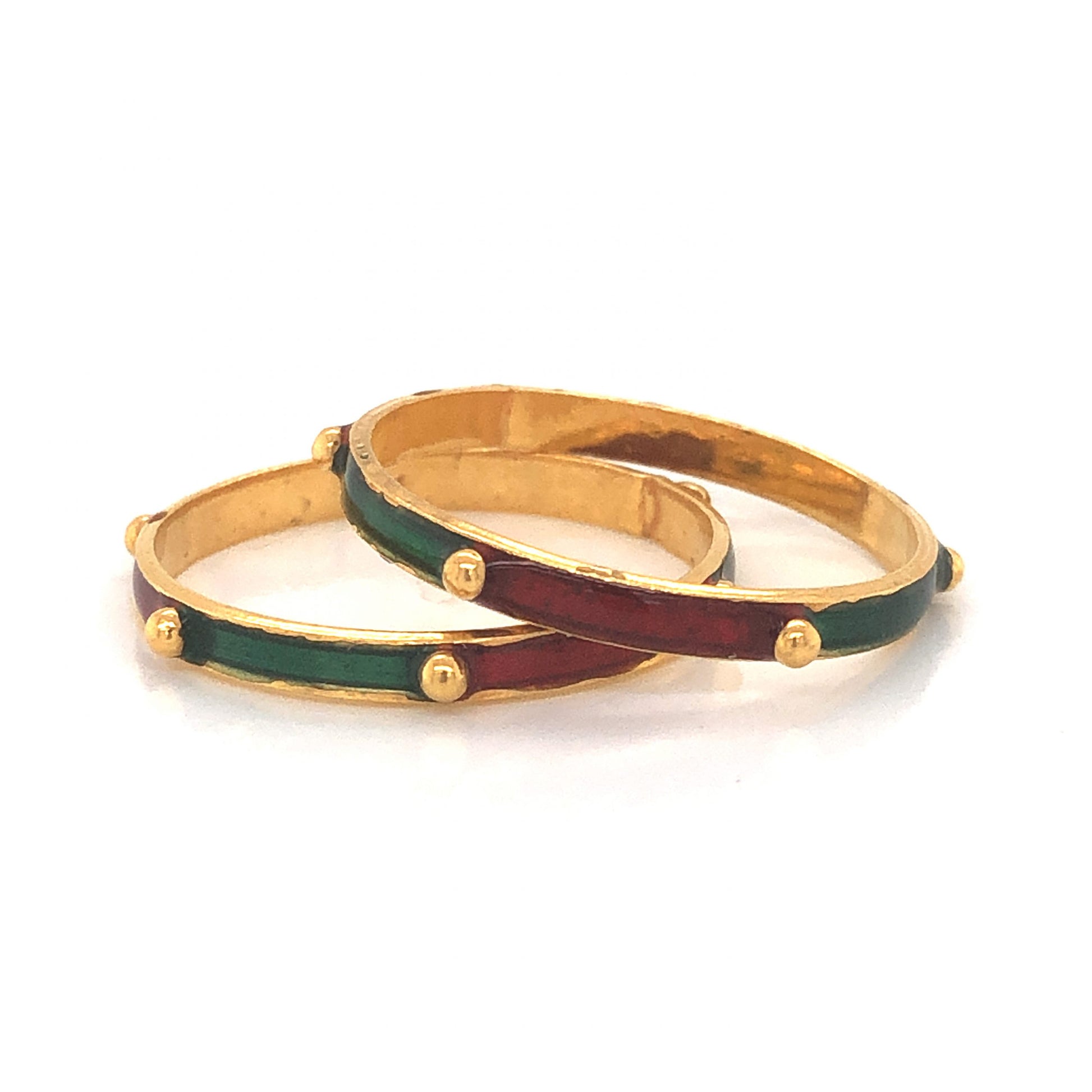 Green & Red Enamel Stacking Ring in 21k Yellow GoldComposition: 21 Karat Yellow GoldRing Size: 7.25Total Gram Weight: 1.3 g