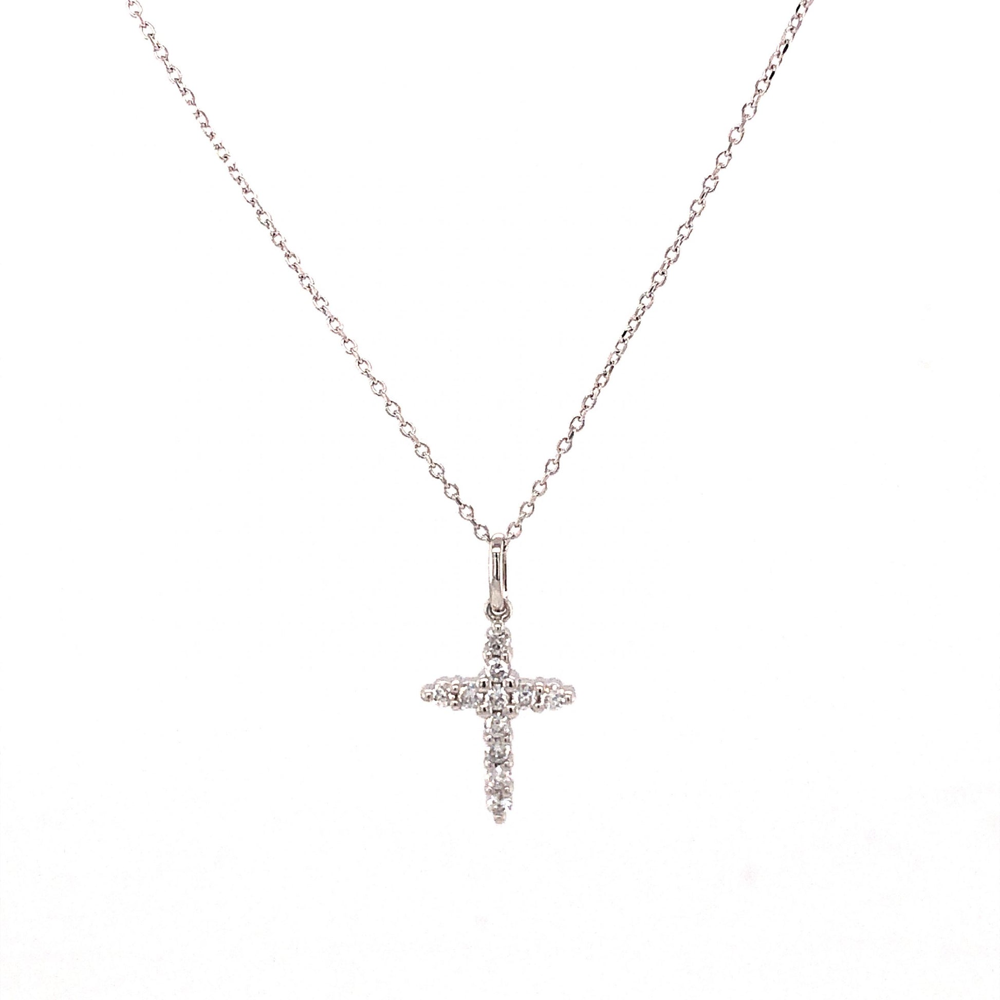 .27 Diamond Cross Pendant Necklace in 14k White GoldComposition: 14 Karat White GoldTotal Diamond Weight: .27 ctTotal Gram Weight: 2.3 gInscription: 14k