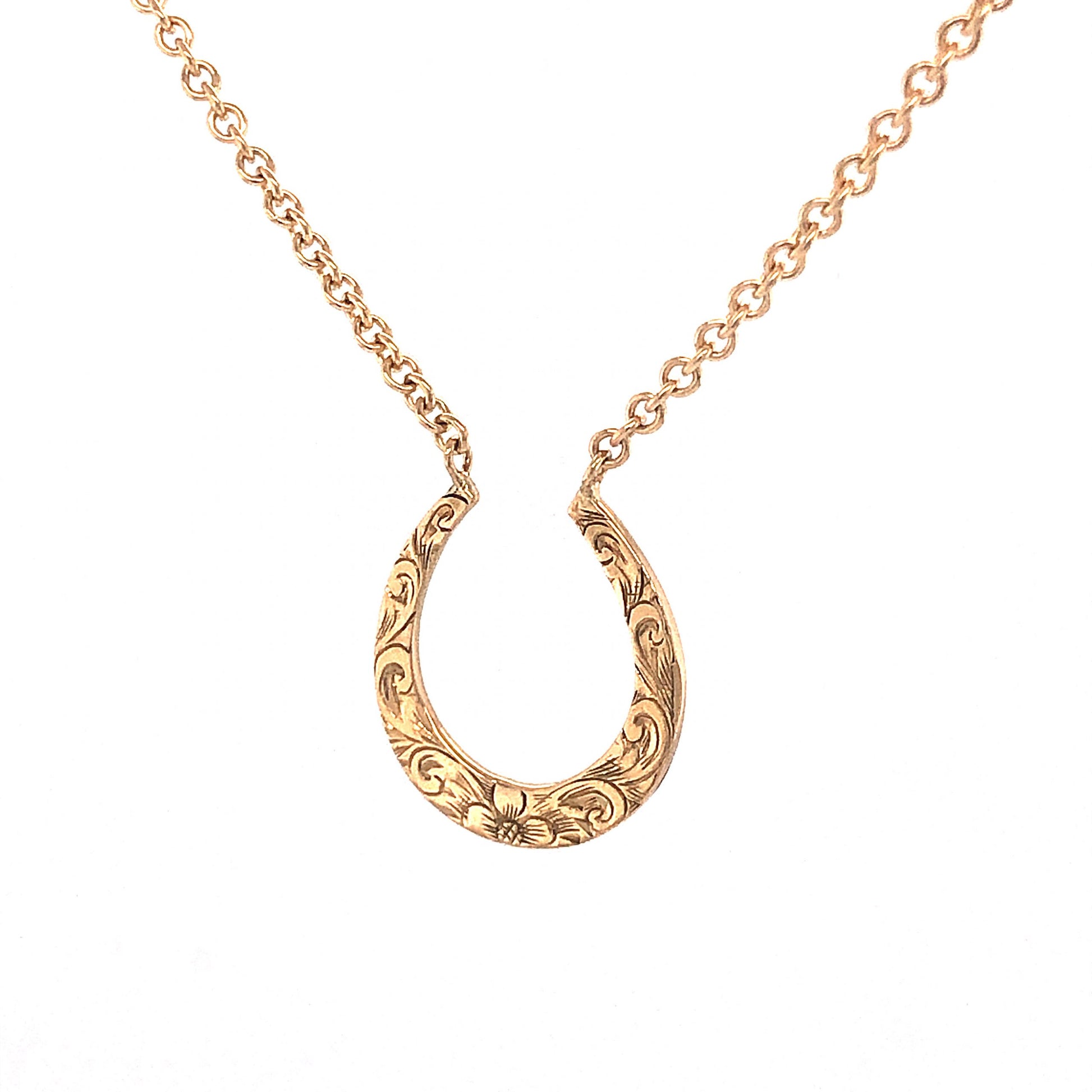 Filigree Horseshoe Pendant Necklace in 14k Yellow GoldComposition: 14 Karat Yellow GoldTotal Gram Weight: 4.0 gInscription: 14k 585