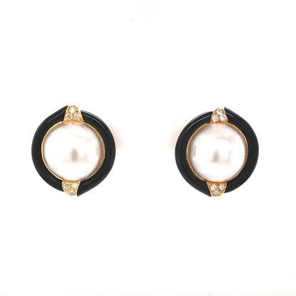 Pearl & Onyx Earrings w/ Diamonds in 18k Yellow Gold