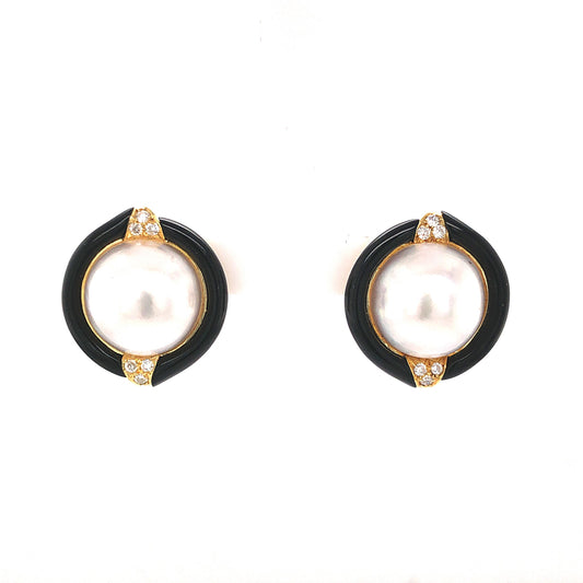 Pearl & Onyx Earrings w/ Diamonds in 18k Yellow Gold