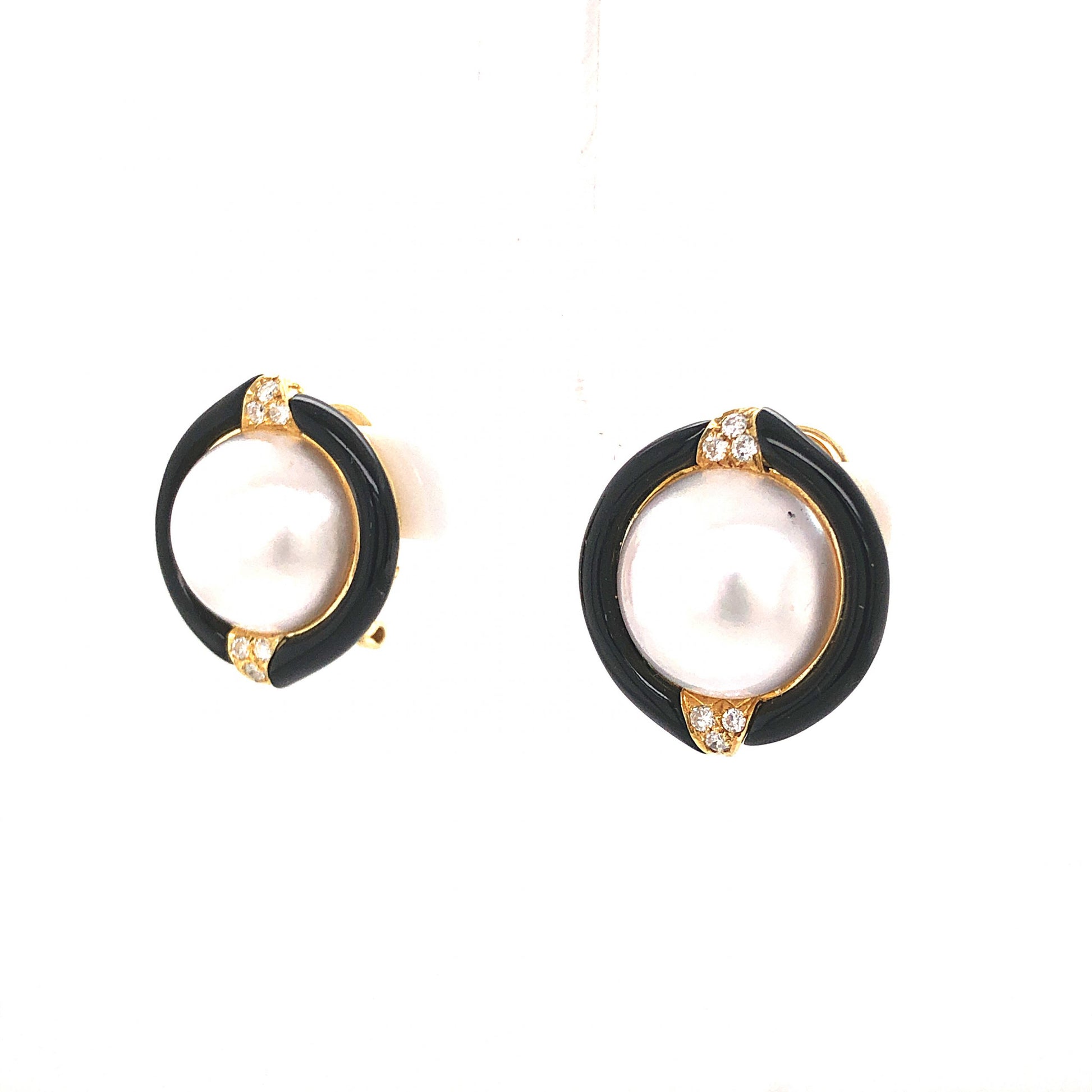 Pearl & Onyx Earrings w/ Diamonds in 18k Yellow GoldComposition: 18 Karat Yellow Gold Total Diamond Weight: .24ct Total Gram Weight: 13.1 g