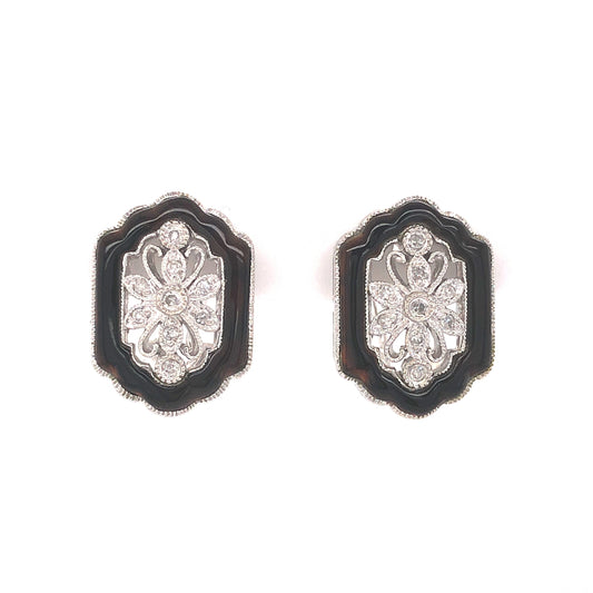 Art Deco Diamond & Enamel Stud Earrings in 14k White Gold