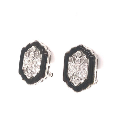 Art Deco Diamond & Enamel Stud Earrings in 14k White Gold