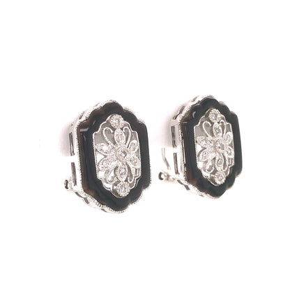 Art Deco Diamond & Enamel Stud Earrings in 14k White Gold