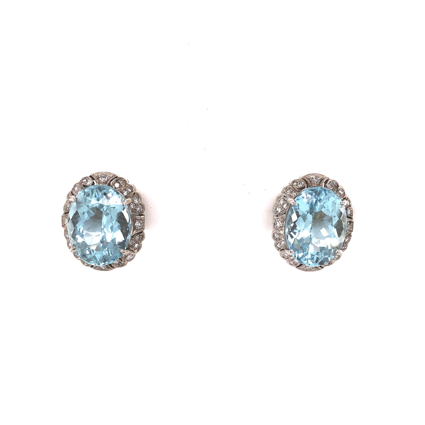 Art Deco Oval Cut Aquamarine & Diamond Earrings in 14k White Gold