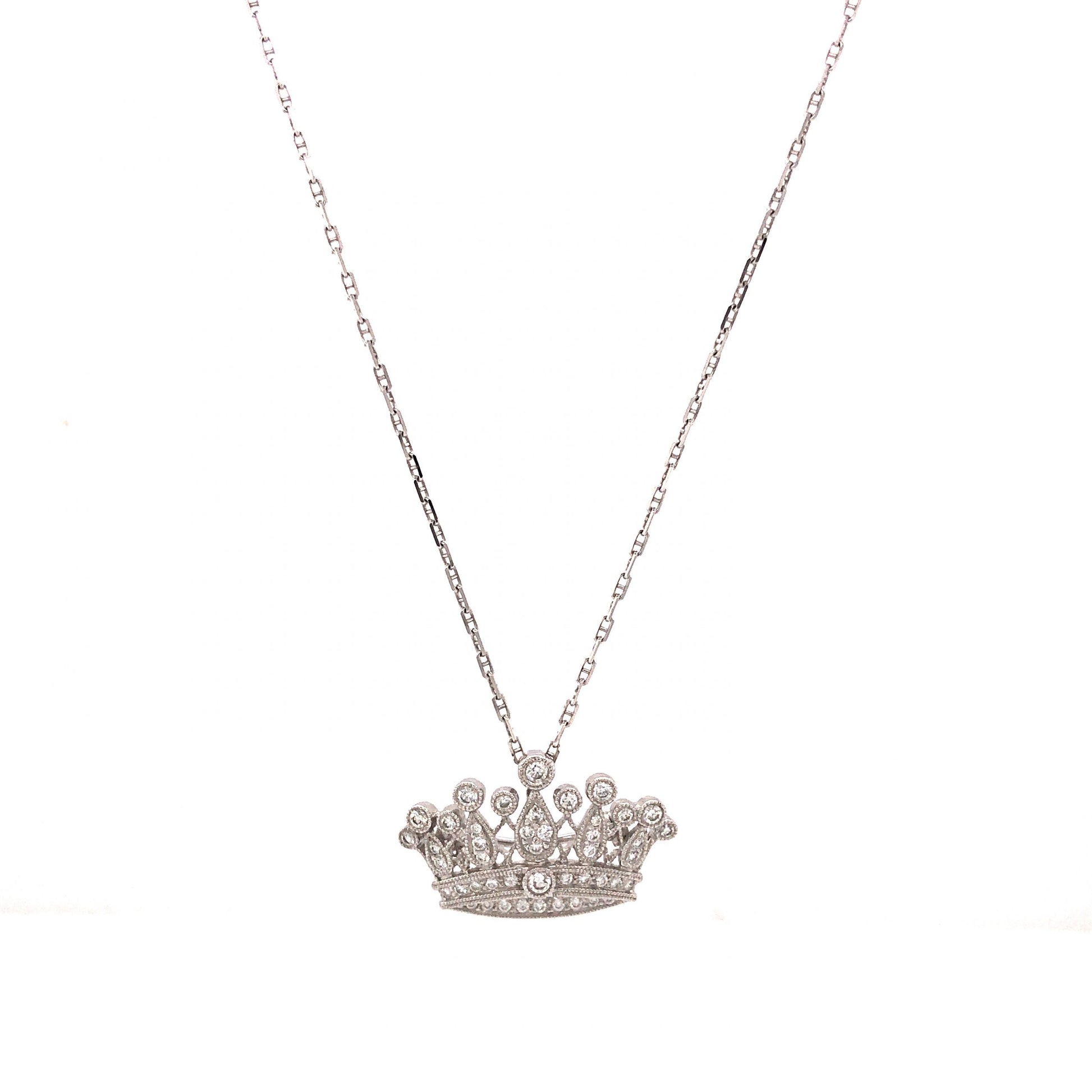 Diamond Crown Pendant Necklace in 18k White GoldComposition: 18 Karat White Gold/14 Karat White Gold Total Diamond Weight: .80ct Total Gram Weight: 6.4 g Inscription: 14k BERGMAN (Chain) 750 (Pendant)
      
