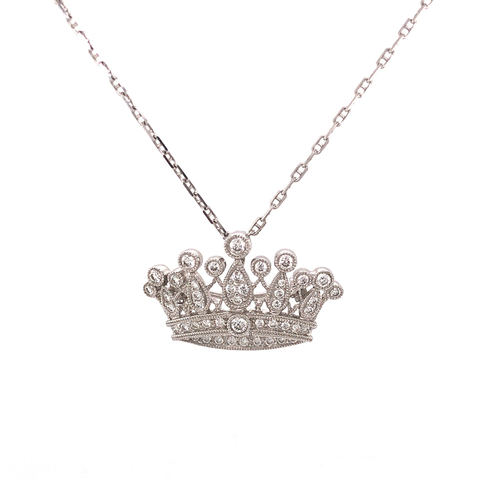 Diamond Crown Pendant Necklace in 18k White GoldComposition: 18 Karat White Gold/14 Karat White Gold Total Diamond Weight: .80ct Total Gram Weight: 6.4 g Inscription: 14k BERGMAN (Chain) 750 (Pendant)
      