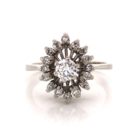 Mid-Century Cluster Diamond Engagement Ring in 14k White Gold