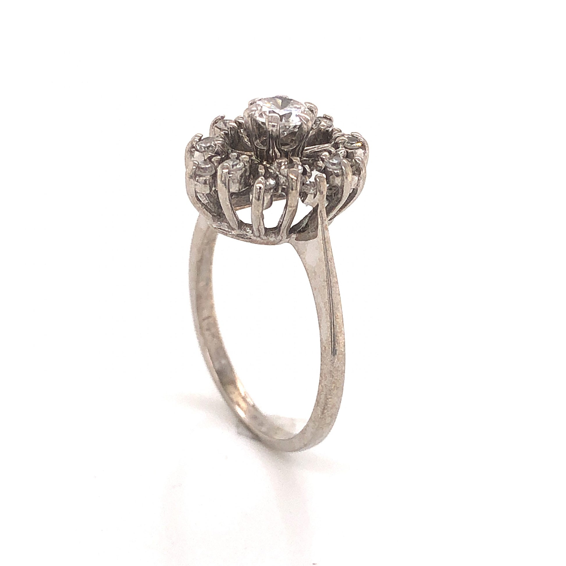 Mid-Century Cluster Diamond Engagement Ring in 14k White Gold