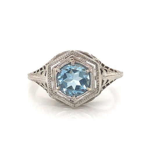 Art Deco Hexagonal Aquamarine Ring in 18K White Gold