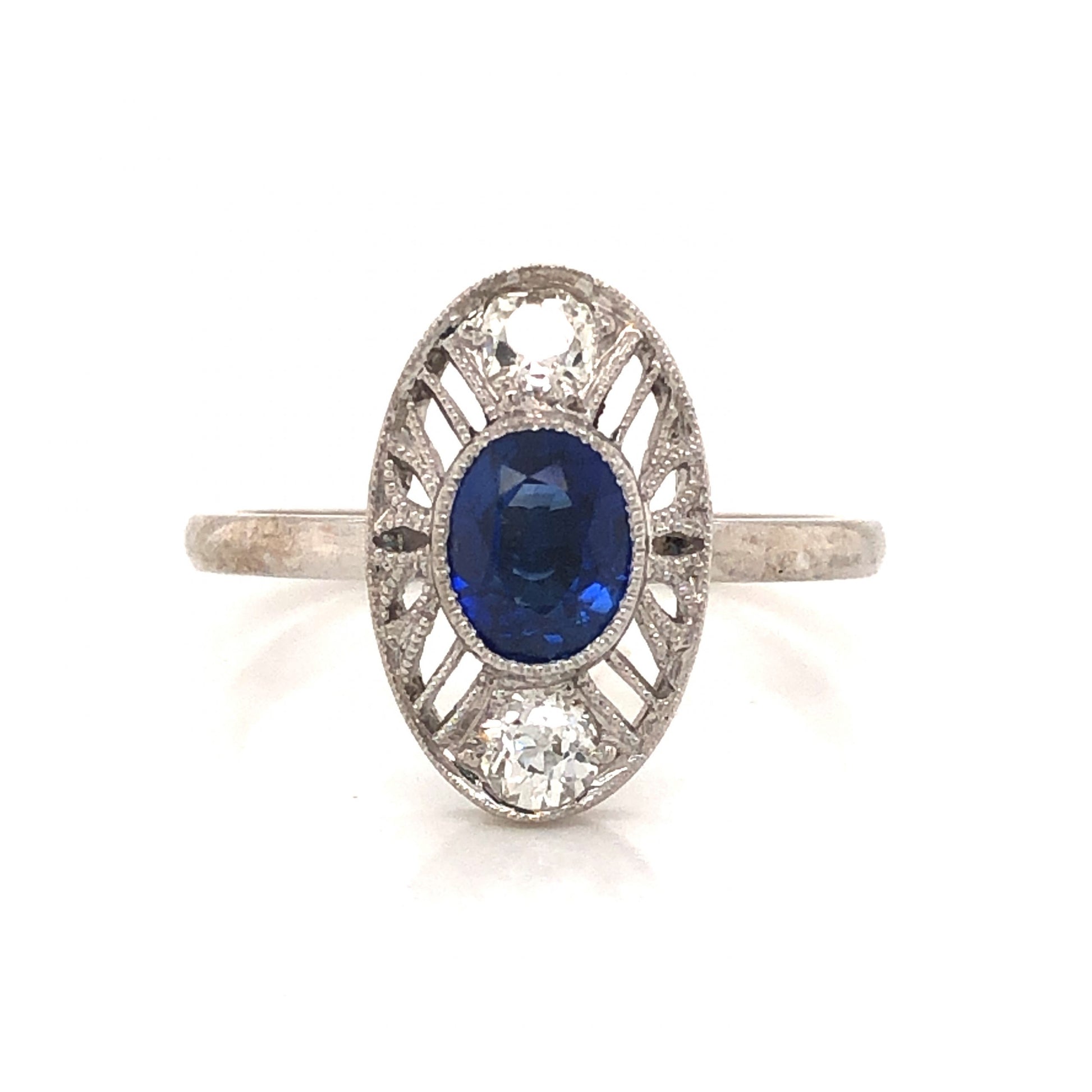 Oval Art Deco Sapphire & Diamond Ring in 14k & PlatinumComposition: 14 Karat White Gold/Platinum Ring Size: 6.5 Total Diamond Weight: .28ct Total Gram Weight: 2.5 g Inscription: 14k
      