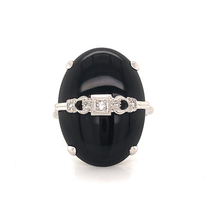 Art Deco Oval Onyx and Diamond Ring in 14k White Gold
