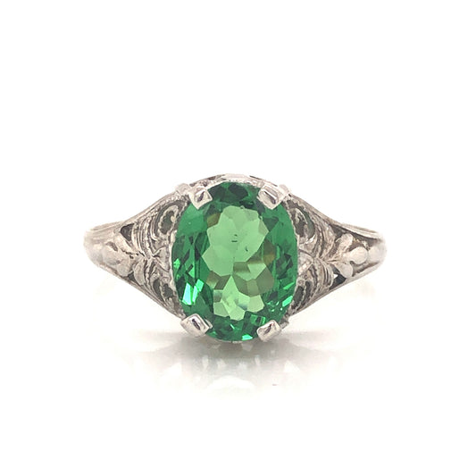 Art Deco Tsavorite Garnet Engagement Ring in 18k White Gold