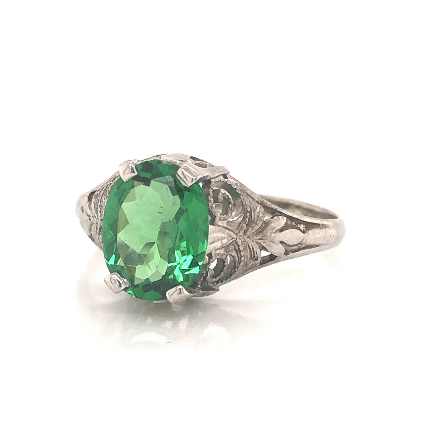 Art Deco Tsavorite Garnet Engagement Ring in 18k White Gold