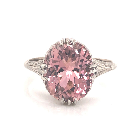 Art Deco Pink Tourmaline Ring in 14k White Gold