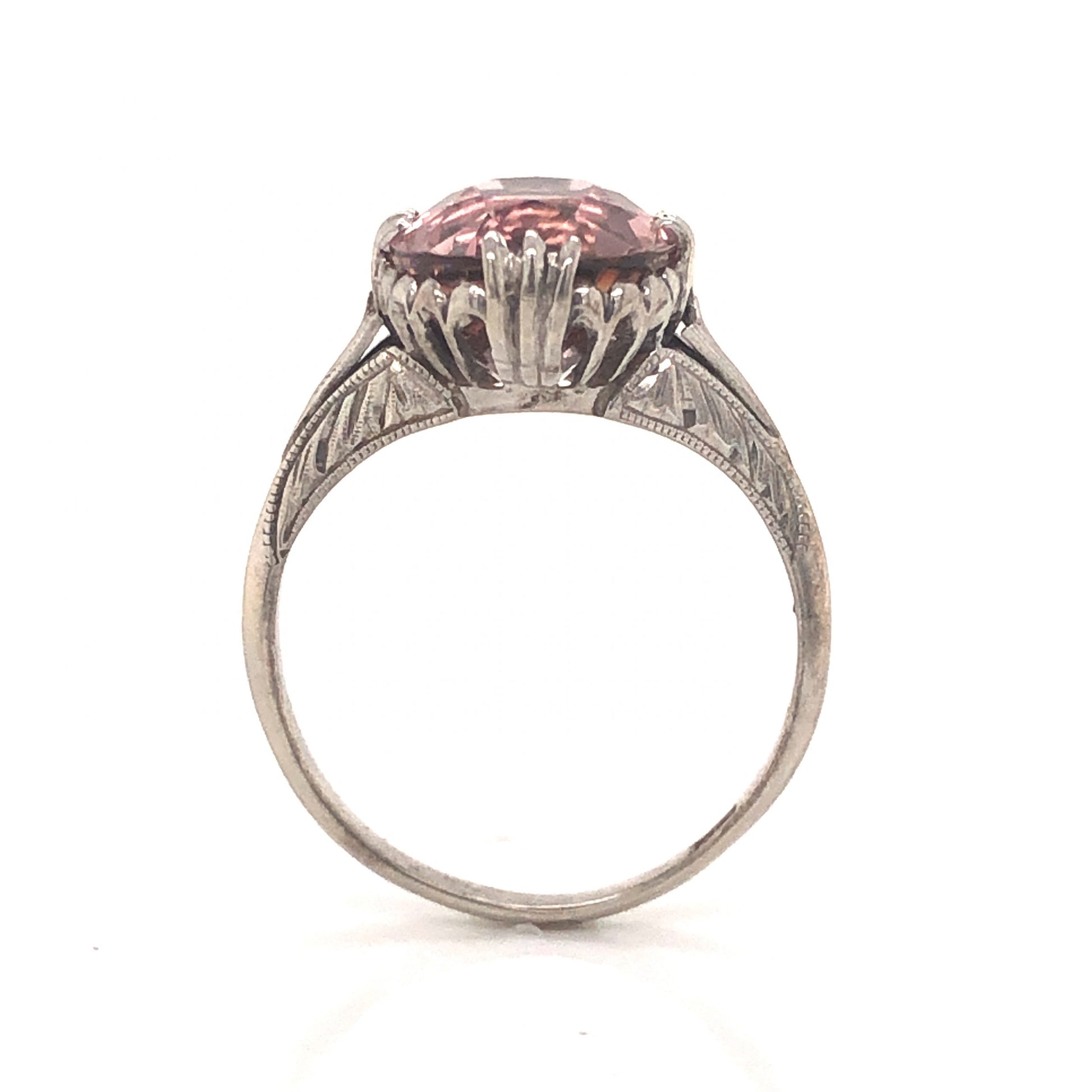 Art Deco Pink Tourmaline Ring in 14k White GoldComposition: 14 Karat White Gold Ring Size: 6 Total Gram Weight: 2.7 g Inscription: K14
      