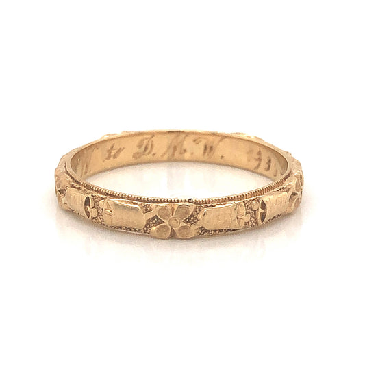 Men's Orange Blossom Engraved Wedding Band in 14k Yellow Gold