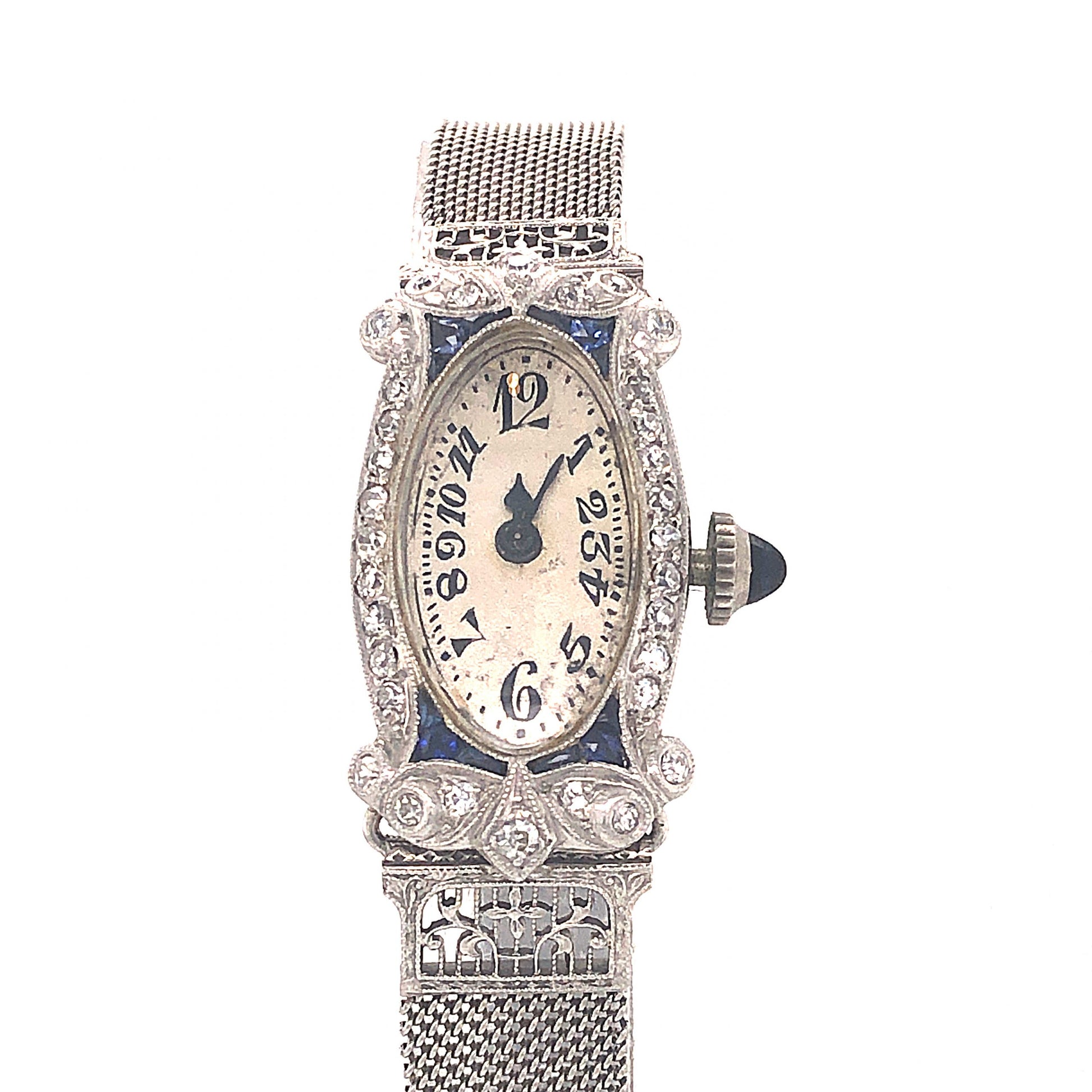 Art Deco Mesh Band Diamond Watch in 14k White Gold & PlatinumComposition: Platinum/14 Karat White GoldTotal Diamond Weight: .48 ctTotal Gram Weight: 20.0 gInscription: 14KT PLAT