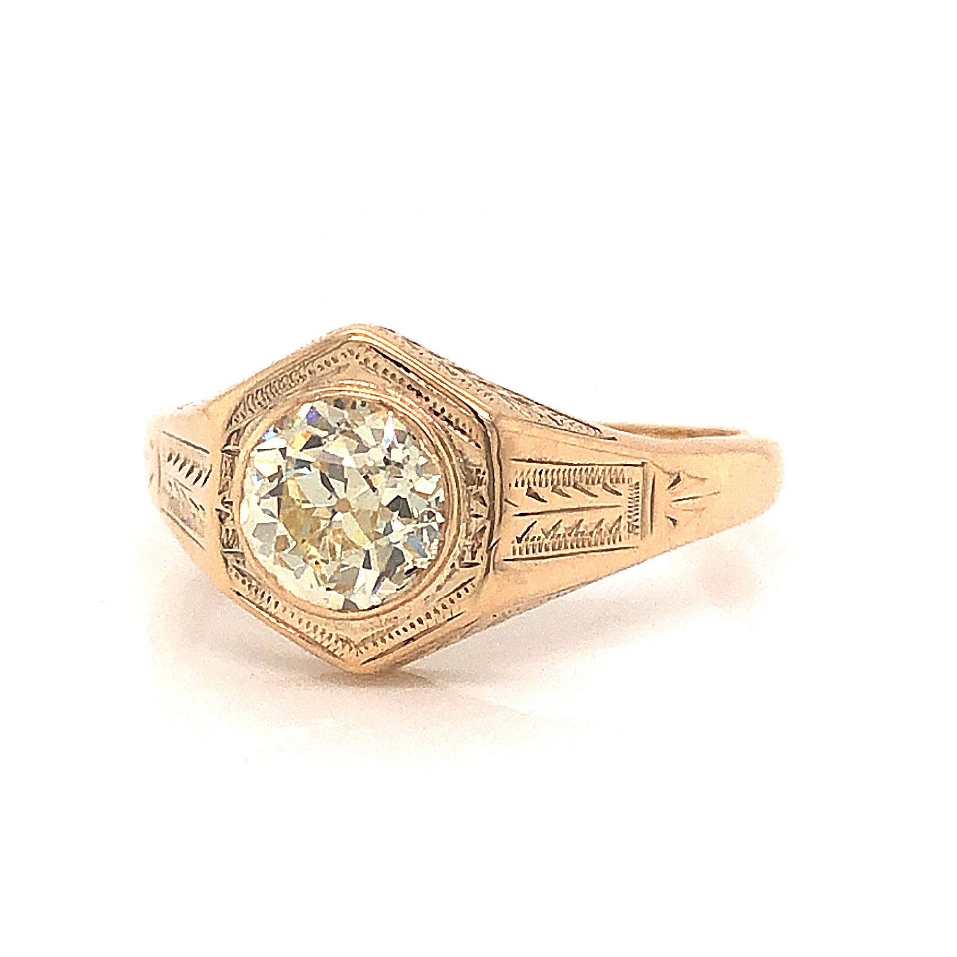 Engraved Victorian Diamond Engagement Ring in 10k Yellow GoldComposition: 10 Karat Yellow Gold Ring Size: 6.5 Total Diamond Weight: .87ct Total Gram Weight: 1.6 g Inscription: 10k
      