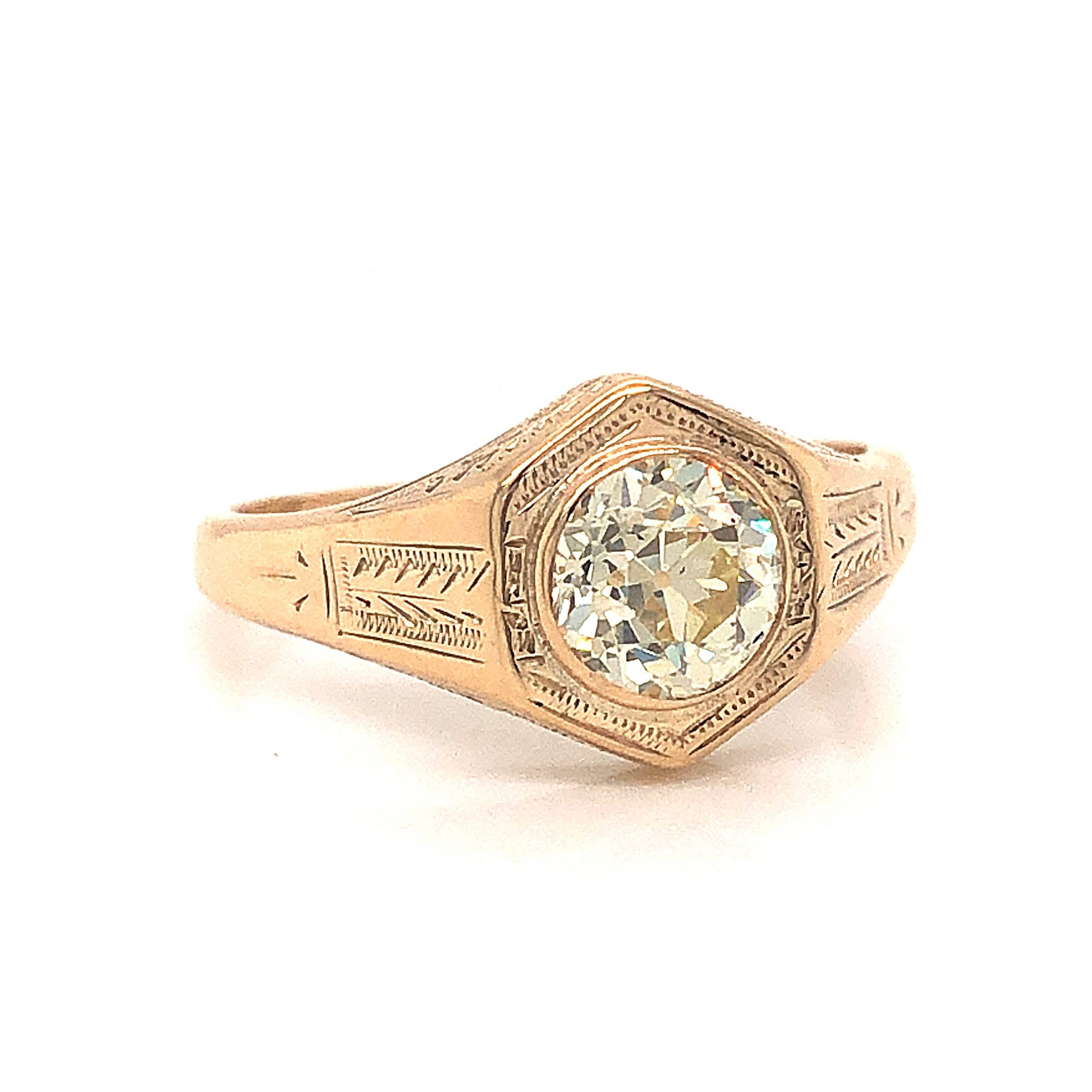Engraved Victorian Diamond Engagement Ring in 10k Yellow GoldComposition: 10 Karat Yellow Gold Ring Size: 6.5 Total Diamond Weight: .87ct Total Gram Weight: 1.6 g Inscription: 10k
      