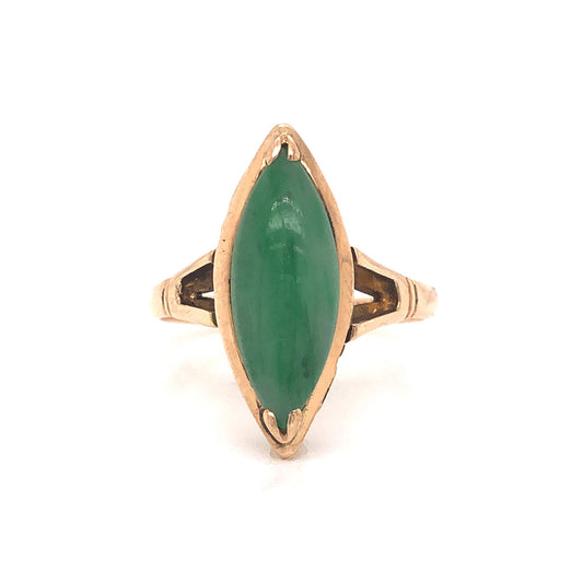 Mid-Century Marquise Shaped Jade Ring in 14k Yellow Gold