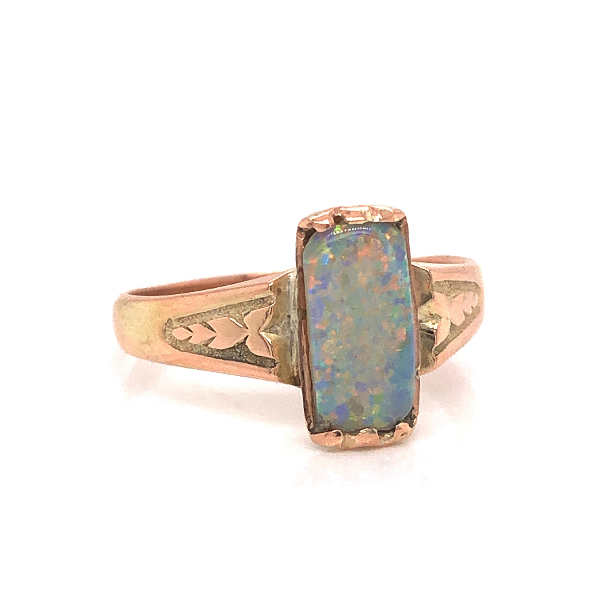 Victorian Rectangular Opal Ring in 14k Yellow Gold Filigree Jewelers
