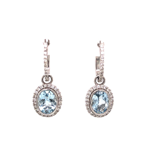 Aquamarine & Pave Diamond Drop Earrings in 14k White Gold