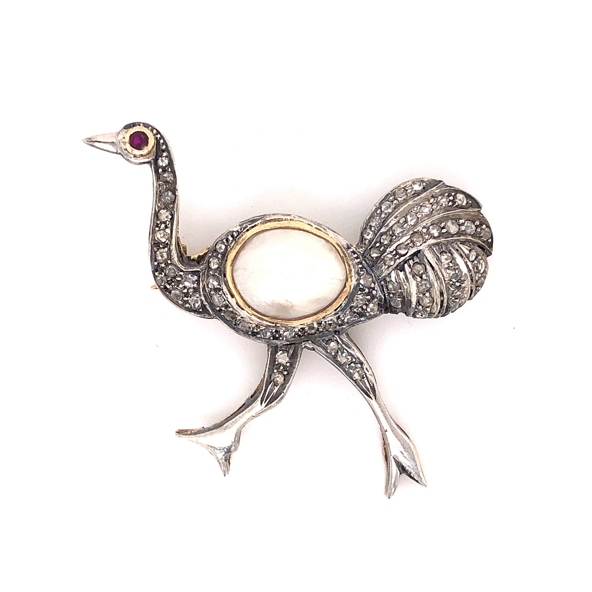 Antique Inspired Ostrich Brooch in Sterling Silver and 14k GoldComposition: 14 Karat Yellow Gold/Sterling Silver Total Diamond Weight: 1.24ct Total Gram Weight: 10.4 g