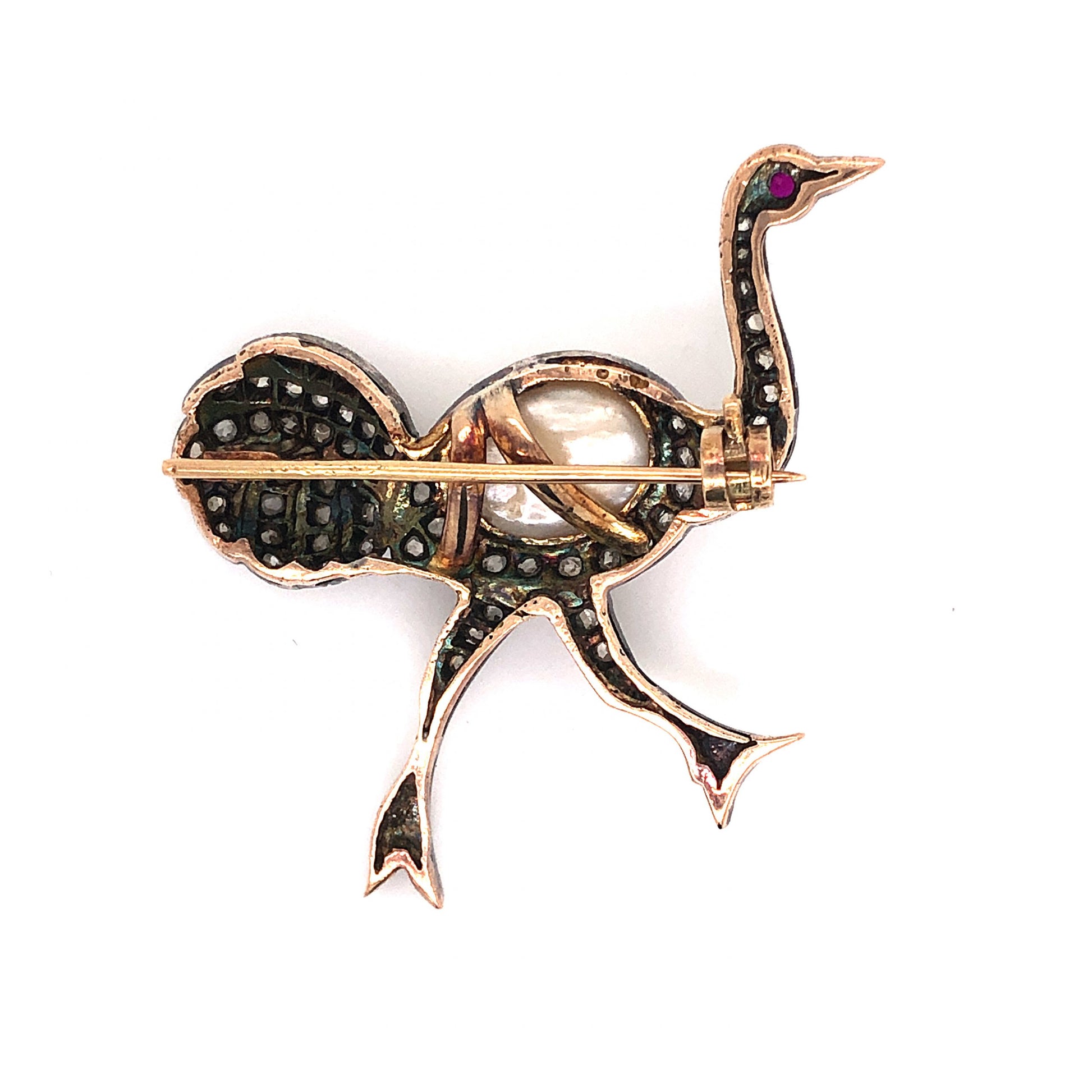 Antique Inspired Ostrich Brooch in Sterling Silver and 14k GoldComposition: 14 Karat Yellow Gold/Sterling Silver Total Diamond Weight: 1.24ct Total Gram Weight: 10.4 g