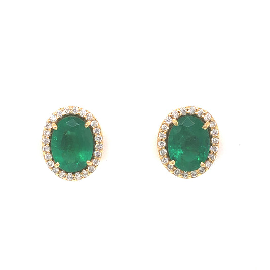 Emerald & Diamond Halo Stud Earrings in 18k Yellow Gold