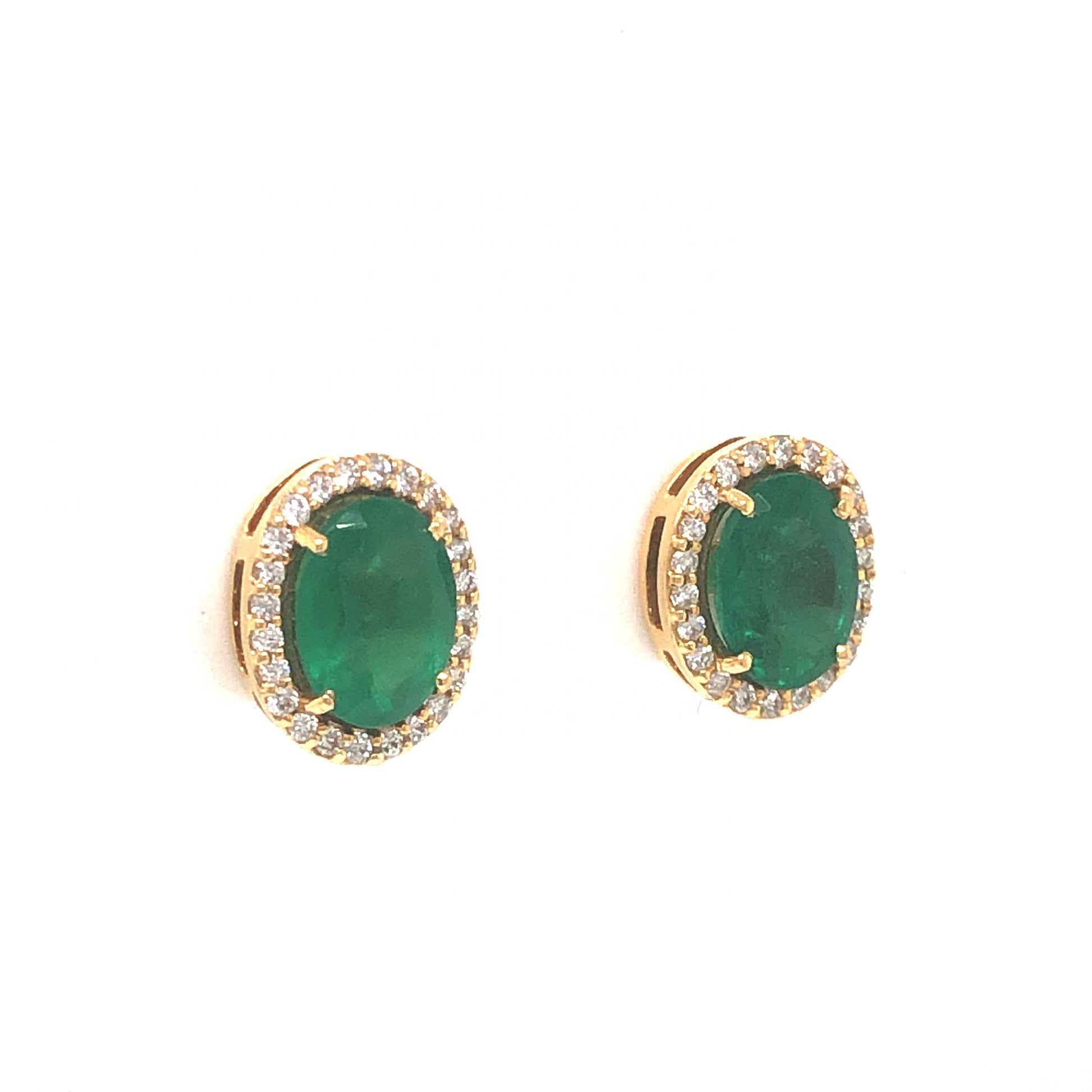 Emerald & Diamond Halo Stud Earrings in 18k Yellow GoldComposition: 18 Karat Yellow Gold Total Diamond Weight: .25ct Total Gram Weight: 3.2 g Inscription: 18k
      