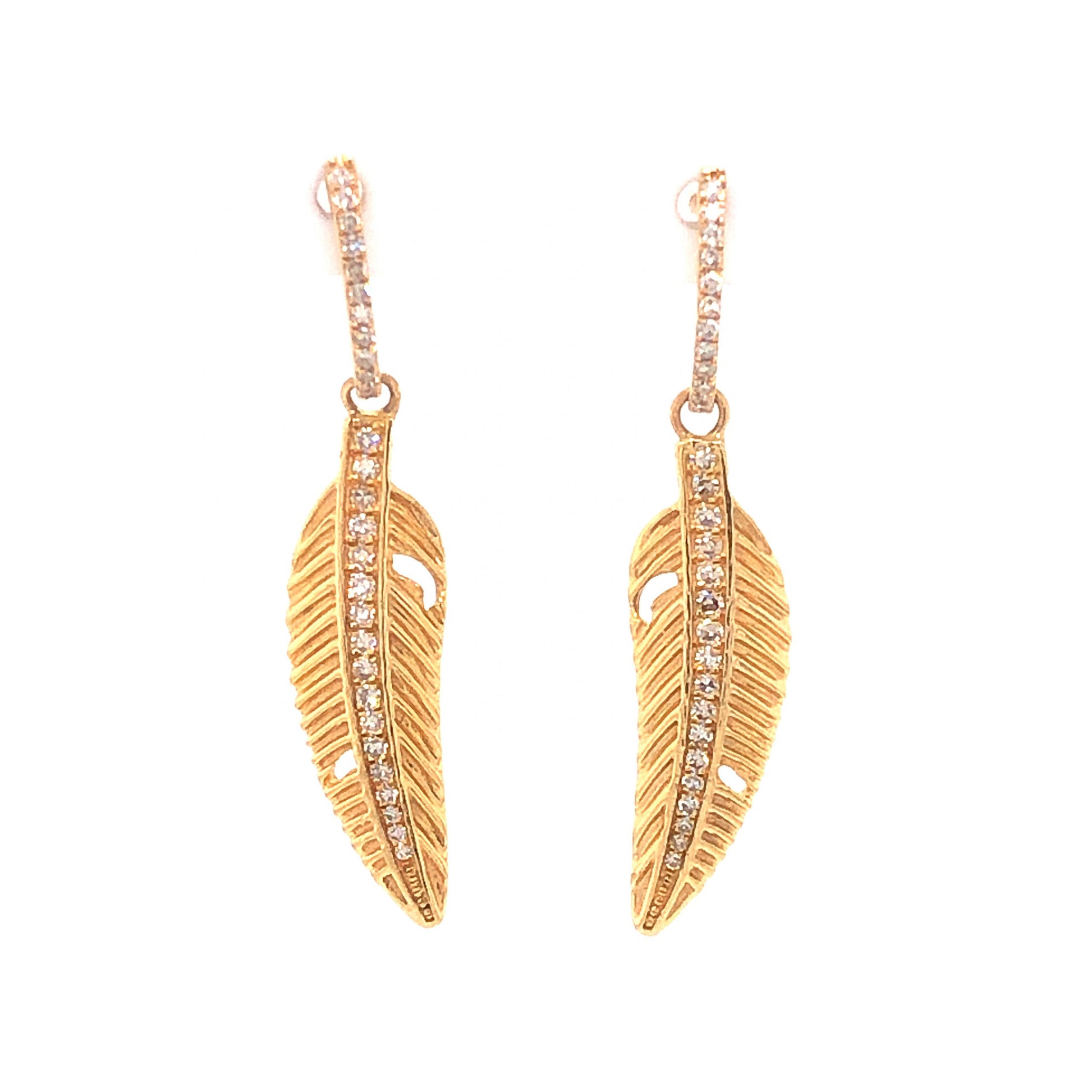 Diamond Leaf Drop Earrings in 14k Yellow GoldComposition: 14 Karat Yellow Gold Total Diamond Weight: .75ct Total Gram Weight: 4.1 g Inscription: 14k
      